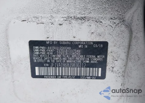 2018 Subaru Wrx Limited из США, поврежденный, VIN JF1VA1H68J9836112